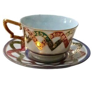 Vintage Jris JP Fine Porcelaine Footed Teacup & Saucer‎ Set